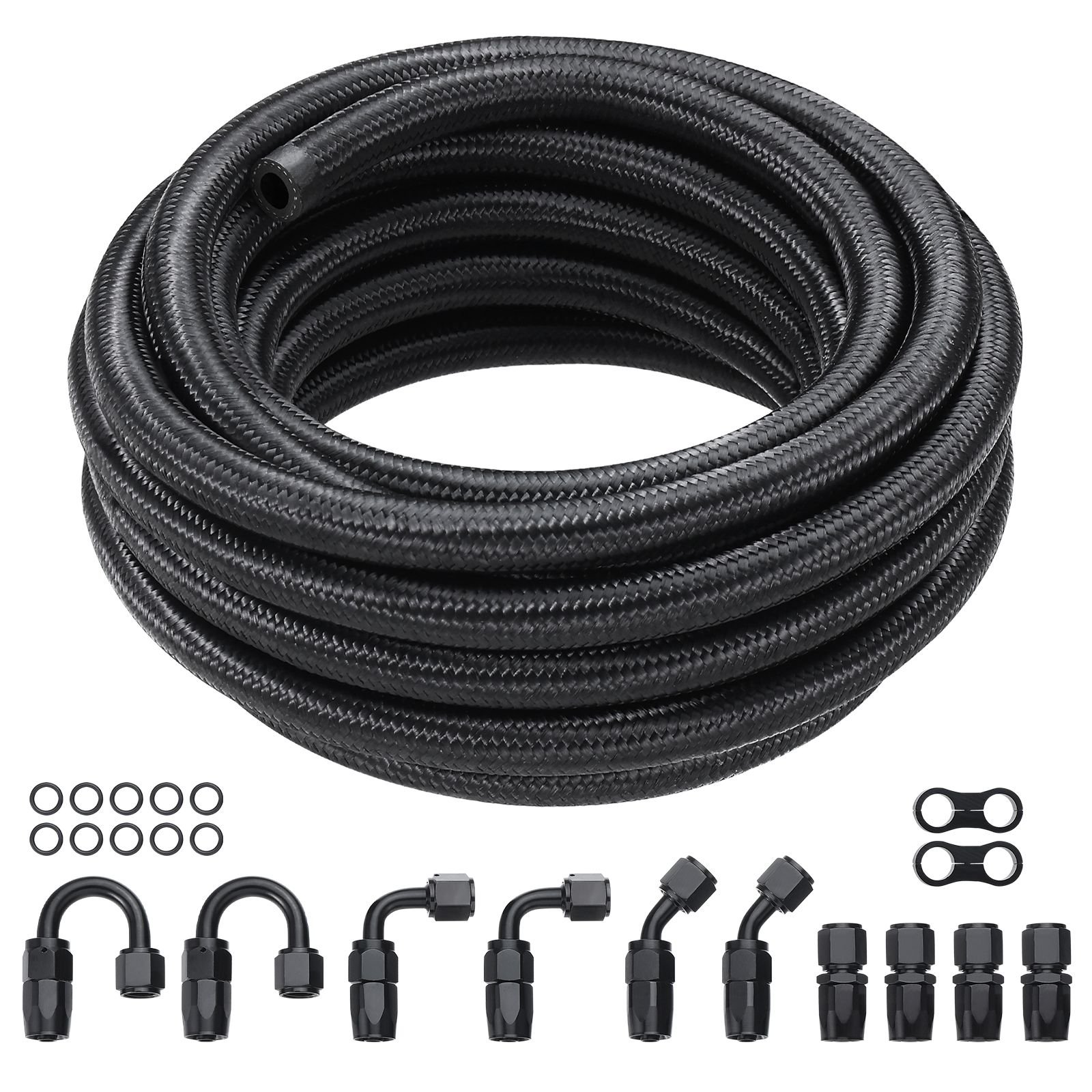 8an fuel line kit, 20 ft fuel hose kit, 0.43" nylon stainless steel braided fuel line oil/gas/diesel hose end fitting kit, with 12 pcs swivel fitting adapter kit, black