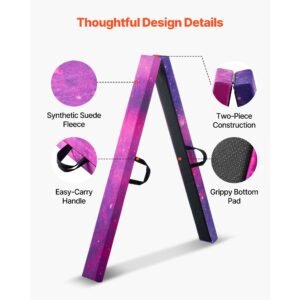 8ft folding balance beam for kids, 300lbs stable support gymnastics floor beam with non slip mat, wood core gymnastics training equipment with anti slip bottom & carry bag for home gym, galaxy