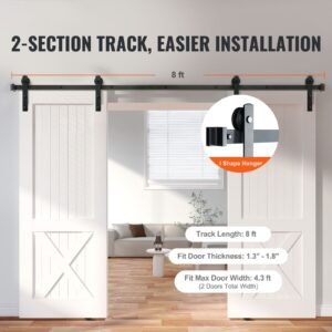 8ft sliding barn door hardware kit, 330lbs heavy duty barn door track kit for double doors, fit 3.7 4.3ft total wide and 1.3" 1.8" thick 2 door panel, with smooth & silent pulley (i shape)
