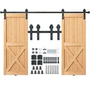 8FT Sliding Barn Door Hardware Kit, 330LBS Heavy Duty Barn Door Track Kit for Double Doors, Fit 3.7-4.3FT Total Wide and 1.3"-1.8" Thick 2 Door Panel, with Smooth & Silent Pulley (I Shape)