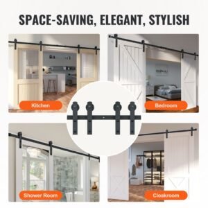 8ft sliding barn door hardware kit, 330lbs heavy duty barn door track kit for double doors, fit 3.7 4.3ft total wide and 1.3" 1.8" thick 2 door panel, with smooth & silent pulley (i shape)