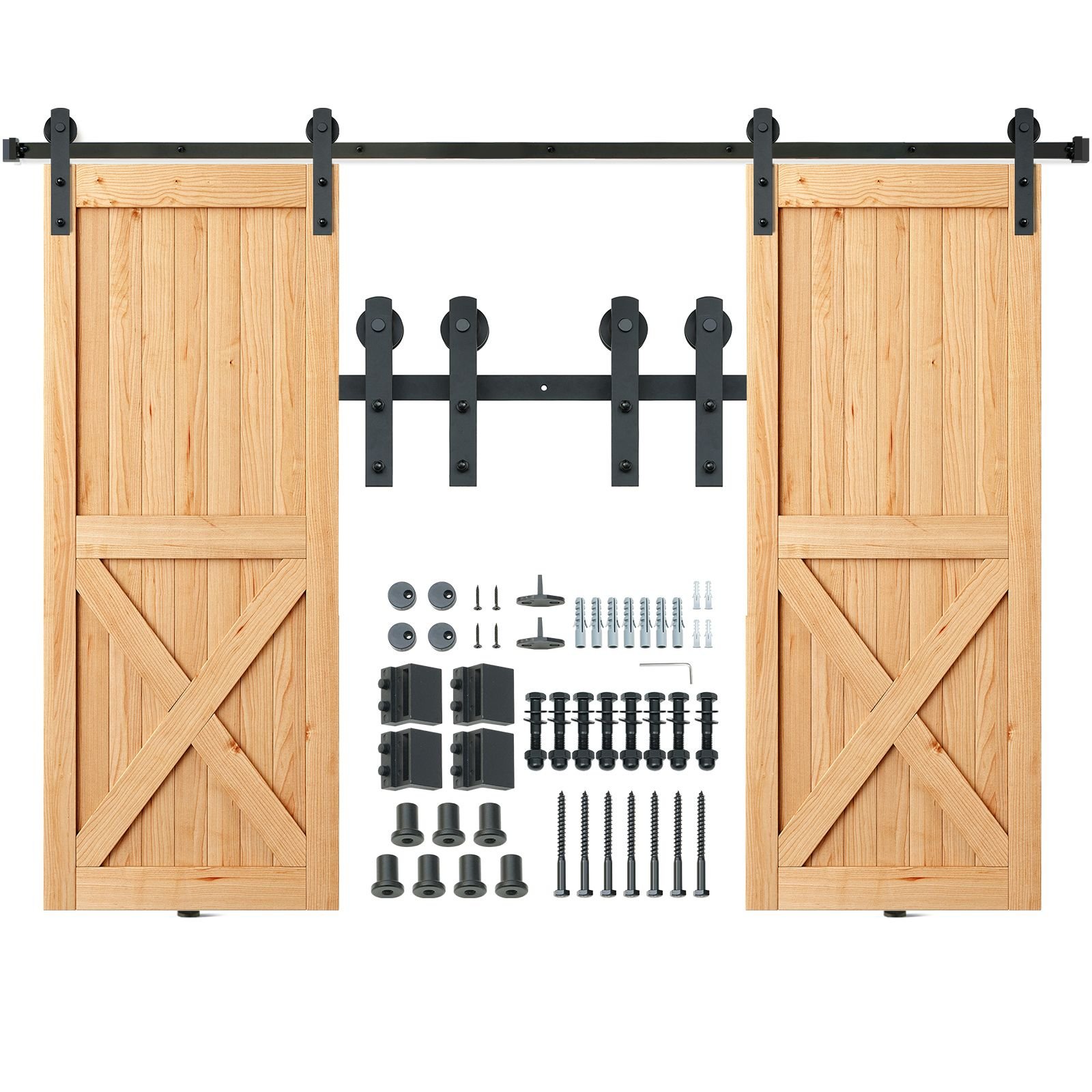 8ft sliding barn door hardware kit, 330lbs heavy duty barn door track kit for double doors, fit 3.7 4.3ft total wide and 1.3" 1.8" thick 2 door panel, with smooth & silent pulley (i shape)