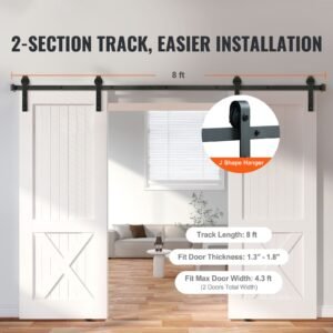 8ft sliding barn door hardware kit, 330lbs heavy duty barn door track kit for double doors, fit 3.7 4.3ft total wide and 1.3" 1.8" thick 2 door panel, with smooth & silent pulley (j shape)