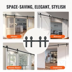 8ft sliding barn door hardware kit, 330lbs heavy duty barn door track kit for double doors, fit 3.7 4.3ft total wide and 1.3" 1.8" thick 2 door panel, with smooth & silent pulley (j shape)