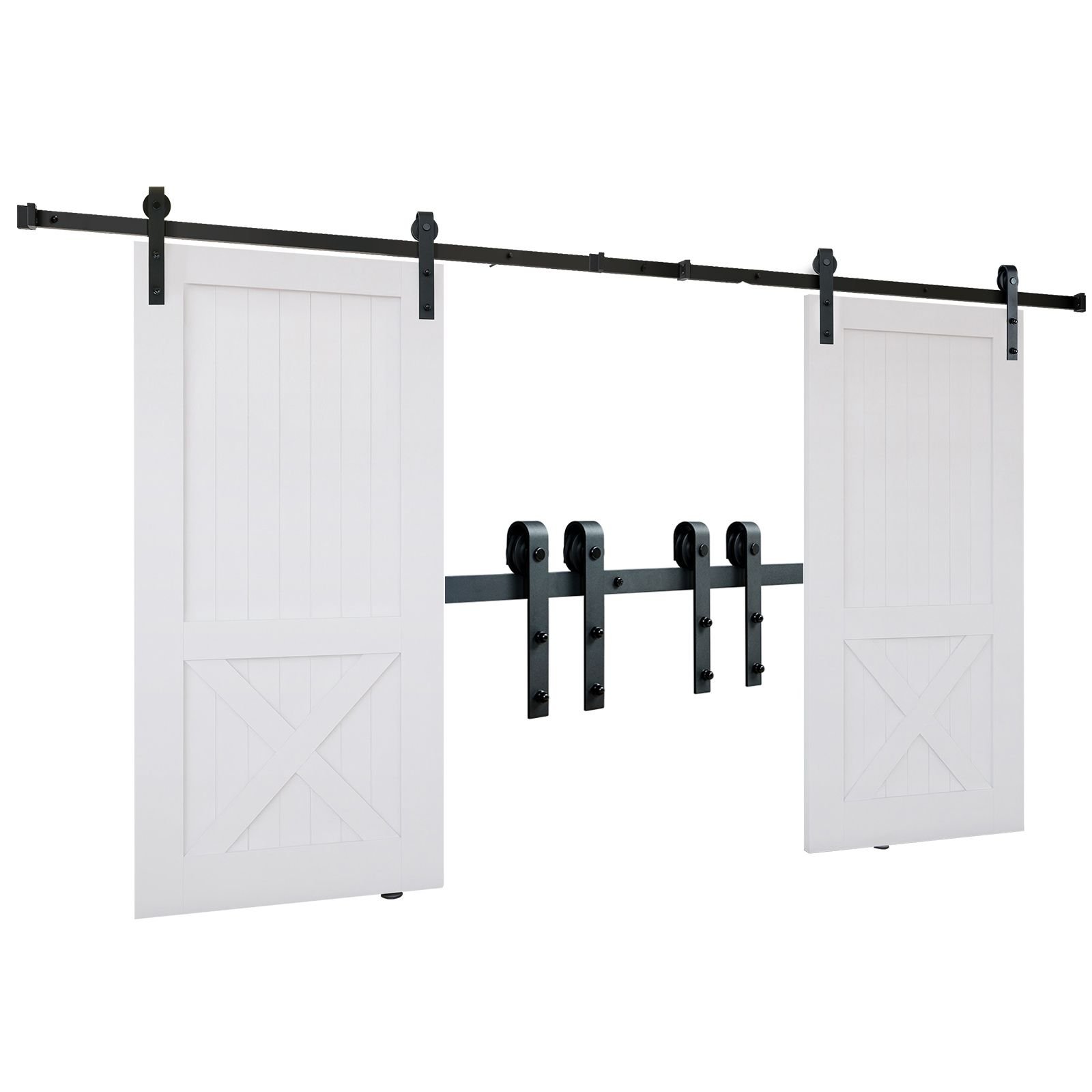 8ft sliding barn door hardware kit, 330lbs heavy duty barn door track kit for double doors, fit 3.7 4.3ft total wide and 1.3" 1.8" thick 2 door panel, with smooth & silent pulley (j shape)