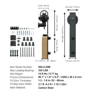 8ft sliding barn door hardware kit, 330lbs loading heavy duty barn door track kit for single door, fit 3.7 4.3ft wide and 1.3" 1.8" thick door panel, with smooth & silent pulley (j shape)