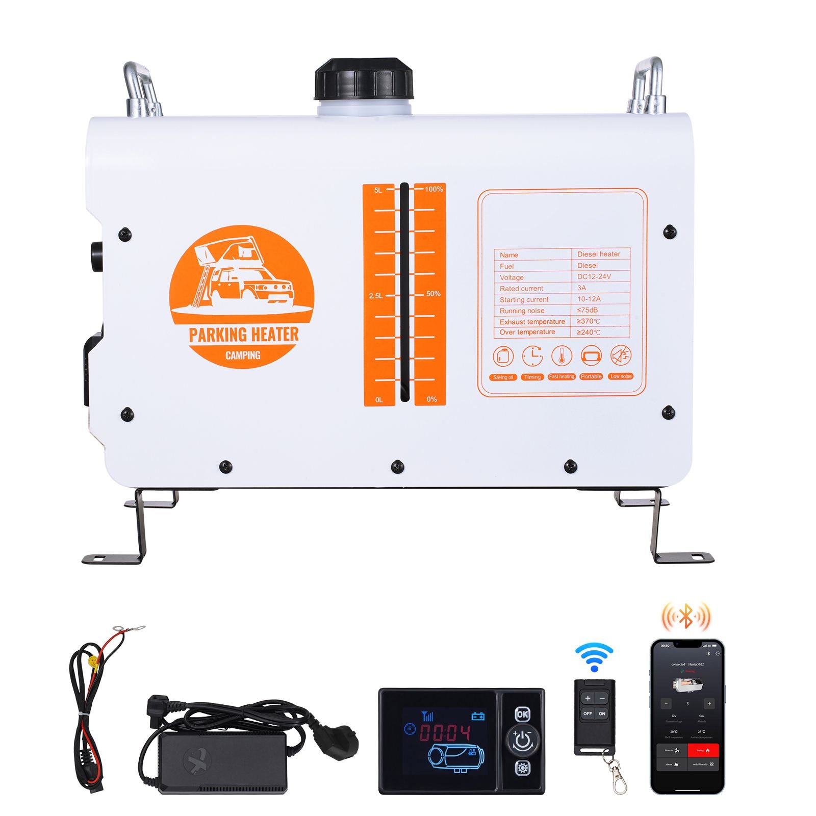 8kw diesel heater, 12v/24v all in one diesel air heater, with bluetooth app control, remote control and display screen, co alarm, fast heating portable diesel heater for vehicles and outdoors