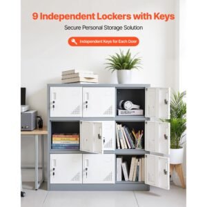 9 doors metal locker, lockable steel storage cabinet, 66 lbs loading capacity, 2 keys for each door, 3 tiers employee lockers for office, school, gym, easy assembly, 35.4 x 17.7 x 37 in, gray