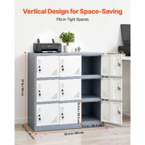 9 doors metal locker, lockable steel storage cabinet, 66 lbs loading capacity, 2 keys for each door, 3 tiers employee lockers for office, school, gym, easy assembly, 35.4 x 17.7 x 37 in, gray