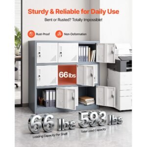 9 doors metal locker, lockable steel storage cabinet, 66 lbs loading capacity, 2 keys for each door, 3 tiers employee lockers for office, school, gym, easy assembly, 35.4 x 17.7 x 37 in, gray