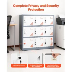 9 doors metal locker, lockable steel storage cabinet, 66 lbs loading capacity, 2 keys for each door, 3 tiers employee lockers for office, school, gym, easy assembly, 35.4 x 17.7 x 37 in, gray