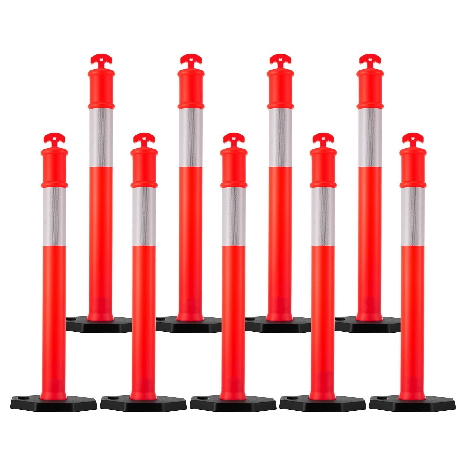9 pack traffic delineator posts, 48 inches traffic safety cones with weighted base and reflective strips, heavy duty delineator posts for construction site, parking lot, crowd control, red