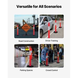 9 pack traffic delineator posts, 48 inches traffic safety cones with weighted base and reflective strips, heavy duty delineator posts for construction site, parking lot, crowd control, red
