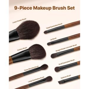 9 piece makeup brush set for foundation blending eyeshadow, professional makeup brush kit with soft natural wool & vegan synthetic bristles, ergonomic wood handle, travel friendly storage bag