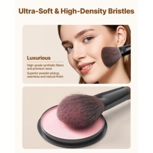 9 piece makeup brush set for foundation blending eyeshadow, professional makeup brush kit with soft natural wool & vegan synthetic bristles, ergonomic wood handle, travel friendly storage bag