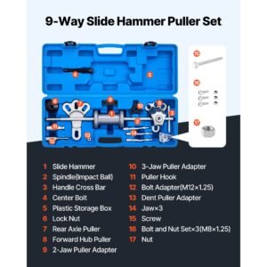 9 way slide hammer puller set, 15pcs front wheel hub bearing remover & rear wheel axle hub dent shaft puller tool kit, axle bearing puller tool kit and slide hammer remover set with carry box