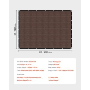90% sun shade cloth, 8 x 12 ft pergola shade cover with stainless steel grommets, sun shades canopy privacy screen with 140 gsm hdpe material, for outdoor, patio, garden, and backyard (brown)