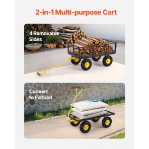 900 lbs heavy duty steel garden cart, garden wagon cart on wheels, outdoor metal yard utility wagon carts with 10" tires and mesh removable sides(convert to flatbed) and 180°rotating handle