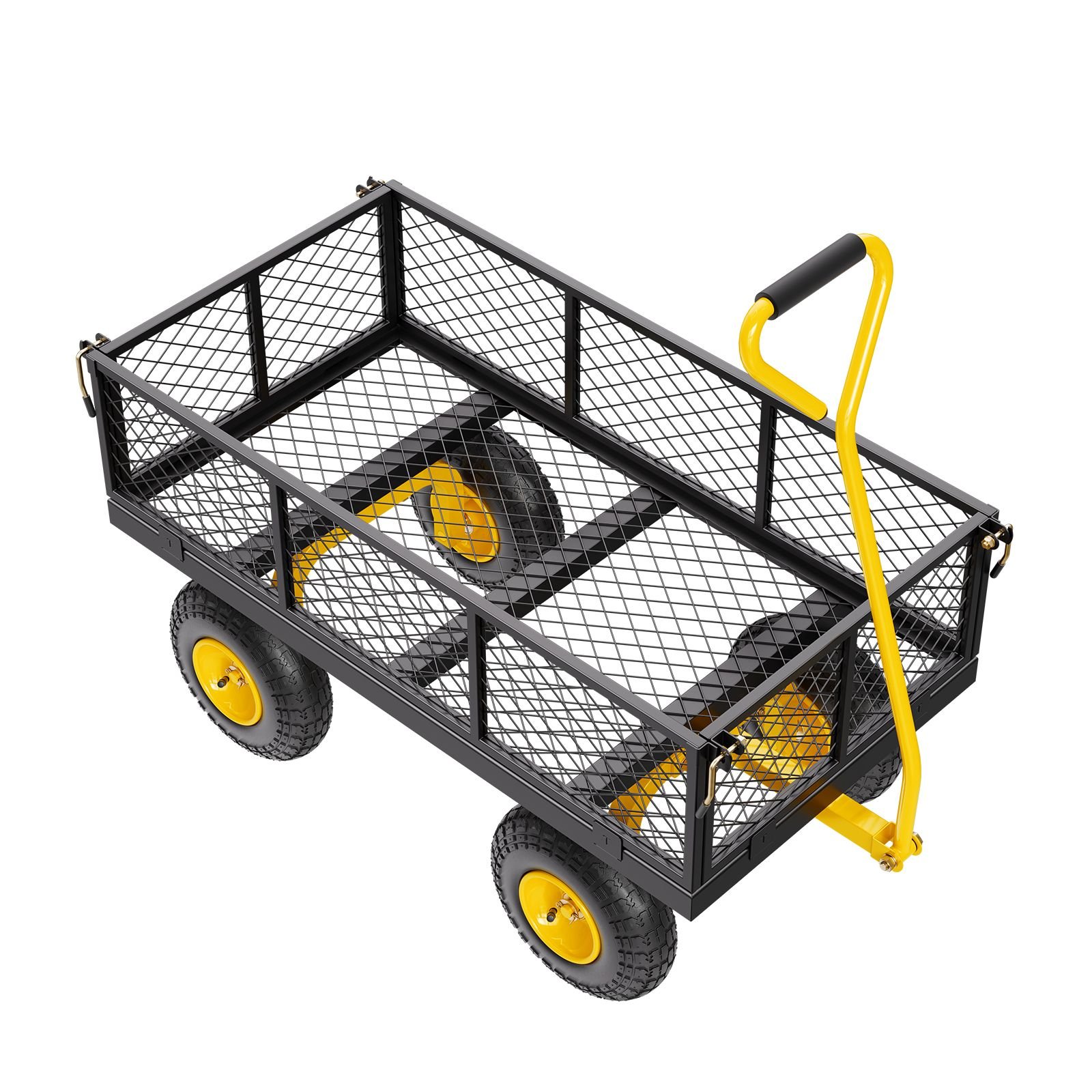 900 lbs heavy duty steel garden cart, garden wagon cart on wheels, outdoor metal yard utility wagon carts with 10" tires and mesh removable sides(convert to flatbed) and 180°rotating handle