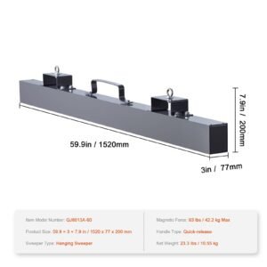 93 lbs hanging magnetic sweeper pickup tool, nail hang type magnetic forklift sweeper, industrial grade magnets steel material hunting accessories for picking up nails bolts metals iron chips