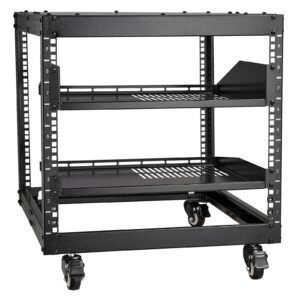 9u open frame server rack, 23'' 40'' adjustable depth, free standing or wall mount network server rack with 360° casters, heavy duty 4 post holds all your networking it equipment av gear router