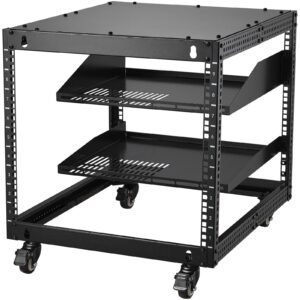 9u open frame server rack, 23'' 40'' adjustable depth, free standing or wall mount network server rack with 360° casters, heavy duty 4 post holds all your networking it equipment av gear router