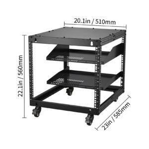 9u open frame server rack, 23'' 40'' adjustable depth, free standing or wall mount network server rack with 360° casters, heavy duty 4 post holds all your networking it equipment av gear router
