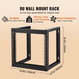 9u wall mount rack, 150 lbs/68.04 kg max load capacity, open frame server network rack with cage nuts screws, carbon steel 20.9 x 17.7 x 20.5" for 19"/482.6 mm av & server it equipment, black
