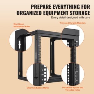 9u wall mount rack, 150 lbs/68.04 kg max load capacity, open frame server network rack with cage nuts screws, carbon steel 20.9 x 17.7 x 20.5" for 19"/482.6 mm av & server it equipment, black