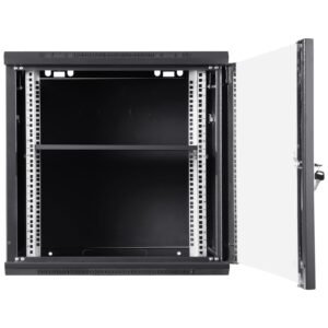 9u wall mounted server network cabinet, 15.5'' depth, secure rack enclosure, supports up to 200 lbs, features lockable glass door and side panels, ideal for it and a/v gear