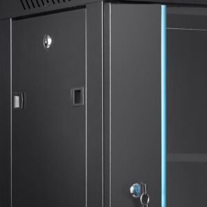 9u wall mounted server network cabinet, 15.5'' depth, secure rack enclosure, supports up to 200 lbs, features lockable glass door and side panels, ideal for it and a/v gear