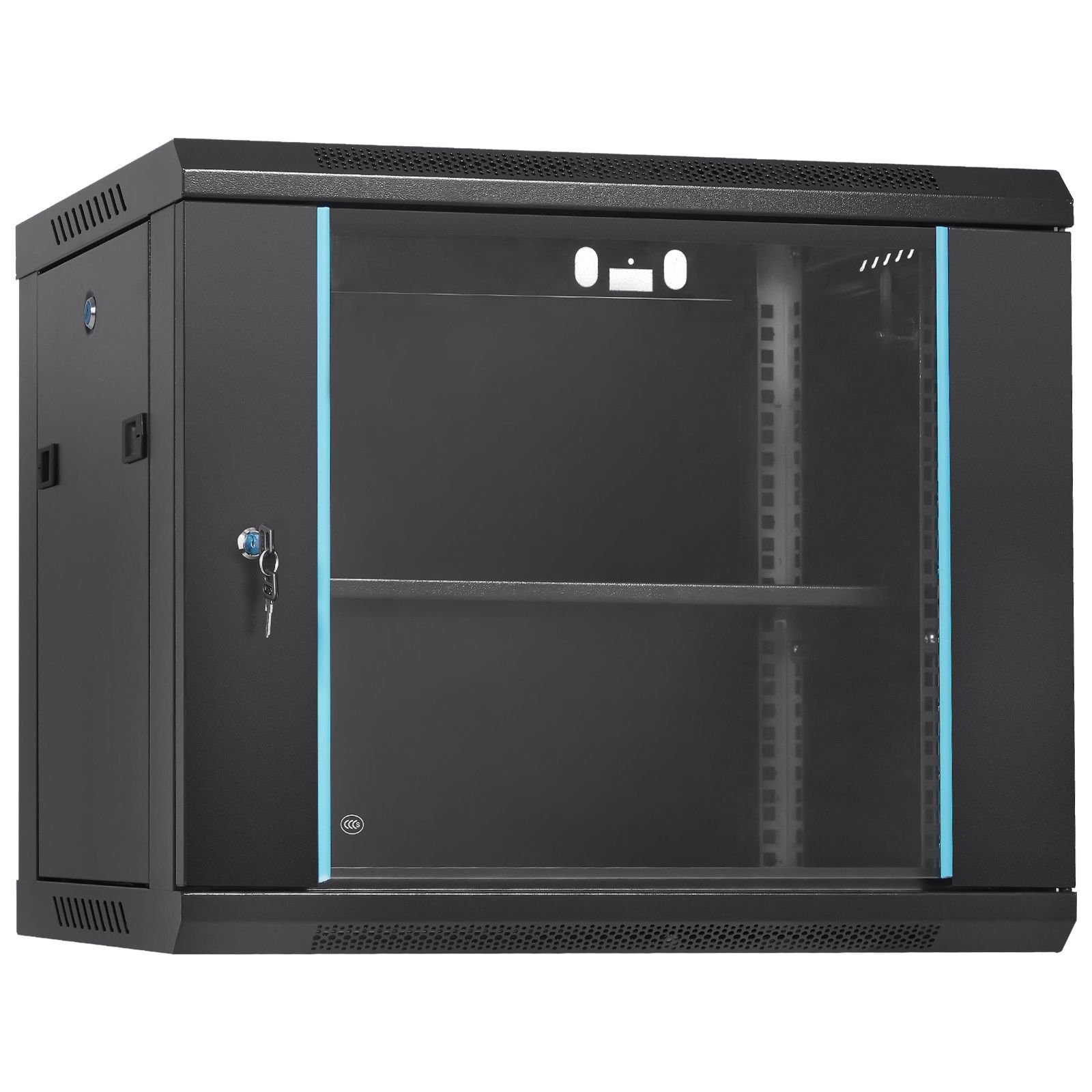 9u wall mounted server network cabinet, 15.5'' depth, secure rack enclosure, supports up to 200 lbs, features lockable glass door and side panels, ideal for it and a/v gear