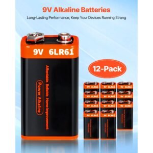9v alkaline batteries, 12 pack, 9 volt square battery for smoke detector, 10 year shelf life, long lasting, all purpose, for fire alarm, household office business devices, electronics & audio