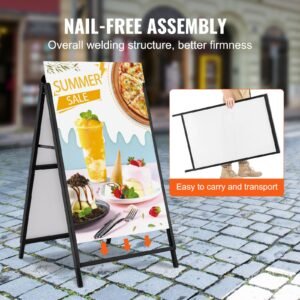 a frame sidewalk sign, 24x36 inch heavy duty slide in signboard holder, double sided folding sandwich board signs, steel pavement sign poster for outdoor business street advertising (frame only)