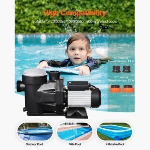 above ground pool pump, 1.5hp, 122 gpm max flow single speed swimming pool pump, 220v 3450 rpm 55 ft max head lift with pp shell strainer basket, 122 fahrenheit max water temp, no plug