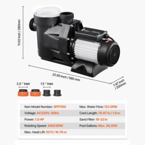 above ground pool pump, 1.5hp, 122 gpm max flow single speed swimming pool pump, 220v 3450 rpm 55 ft max head lift with pp shell strainer basket, 122 fahrenheit max water temp, no plug