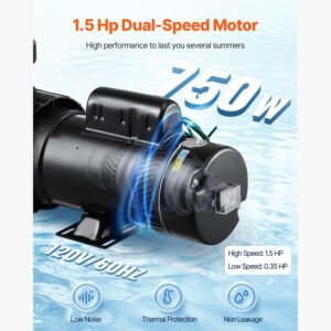 above ground pool pump, 1.5hp/0.35hp, dual speed swimming pool pump, high 110 gpm 54 ft lift, low 52 gpm 14 ft lift, 110v 3450 rpm with strainer basket, 122 fahrenheit max water temp