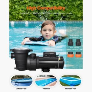above ground pool pump, 1.5hp/0.35hp, dual speed swimming pool pump, high 110 gpm 54 ft lift, low 52 gpm 14 ft lift, 110v 3450 rpm with strainer basket, 122 fahrenheit max water temp