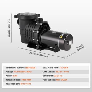 above ground pool pump, 2 hp, 110 gpm max flow single speed swimming pool pump, 110v/240v 3450 rpm 59 ft max head pool pump with filter basket, for above ground pools hot tubs spas