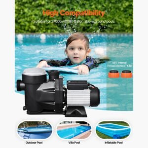 above ground pool pump, 2.5 hp, 148 gpm max flow single speed swimming pool pump, 220v 3450 rpm 62 ft max head lift with pp shell strainer basket, 122 fahrenheit max water temperature