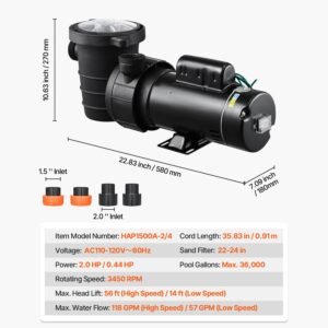 above ground pool pump, 2hp/0.44hp, dual speed swimming pool pump, high 118 gpm 56 ft lift, low 57 gpm 14 ft lift, 110v 3450 rpm with strainer basket, 122 fahrenheit max water temp