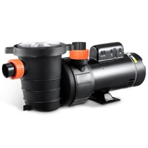 above ground pool pump, 2hp/0.44hp, dual speed swimming pool pump, high 118 gpm 56 ft lift, low 57 gpm 14 ft lift, 110v 3450 rpm with strainer basket, 122 fahrenheit max water temp