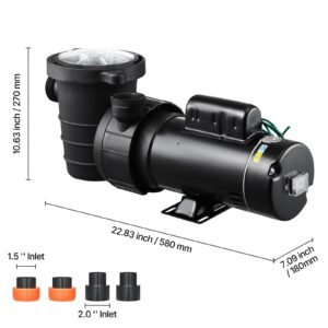above ground pool pump, 2hp/0.44hp, dual speed swimming pool pump, high 118 gpm 56 ft lift, low 57 gpm 14 ft lift, 110v 3450 rpm with strainer basket, 122 fahrenheit max water temp