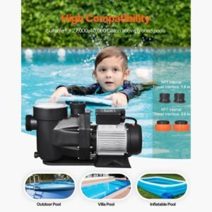 above ground pool pump, 3 hp, 149 gpm max flow single speed swimming pool pump, 220v 3450 rpm 42 ft max head lift with pp shell strainer basket, 122 fahrenheit max water temp, no plug