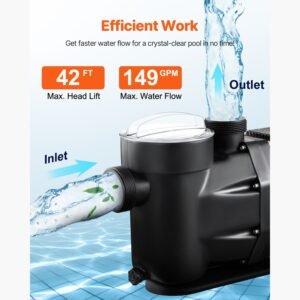above ground pool pump, 3 hp, 149 gpm max flow single speed swimming pool pump, 220v 3450 rpm 42 ft max head lift with pp shell strainer basket, 122 fahrenheit max water temp, no plug