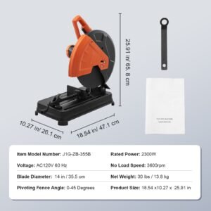 abrasive chop saw, 14"/355mm blade diameter cut off saw, 2300w 3600rpm steel cutting machine, 0 45° adjustable angle miter saw for cutting metal cutting chop saw for steel/rebar/iron/aluminum