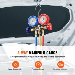 ac gauge set 3 way ac manifold gauge set for r134a r22 r12 r502 refrigerant, freon gauges with 5ft hoses, couplers, can tap works on car auto freon charging and evacuation