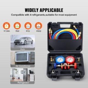 ac gauge set 3 way ac manifold gauge set for r134a r22 r12 r502 refrigerant, freon gauges with 5ft hoses, couplers, can tap works on car auto freon charging and evacuation