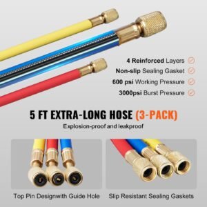 ac gauge set 3 way ac manifold gauge set for r134a r22 r12 r502 refrigerant, freon gauges with 5ft hoses, couplers, can tap works on car auto freon charging and evacuation