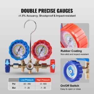 ac gauge set 3 way ac manifold gauge set for r134a r22 r12 r502 refrigerant, freon gauges with 5ft hoses, couplers, can tap works on car auto freon charging and evacuation
